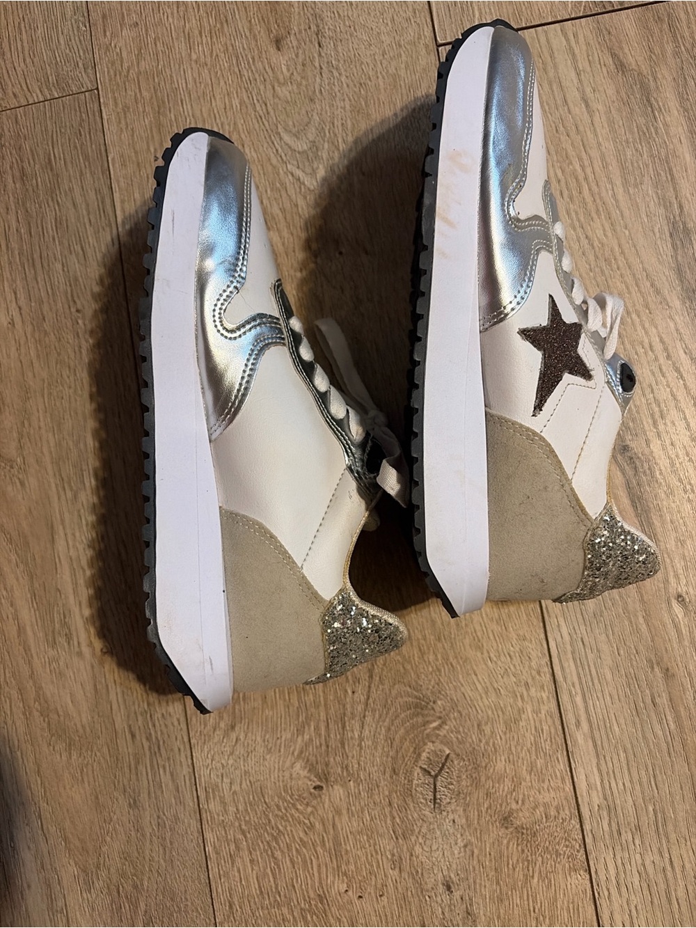 Women's White & Silver Star Athletic Sneaker with Glitter Heel
